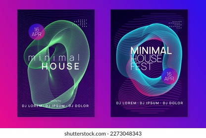 Techno event. Dynamic fluid shape and line. Geometric discotheque banner set. Neon techno event flyer. Electro dance music. Electronic sound. Trance fest poster. Club dj party.