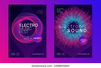 Techno event. Dynamic fluid shape and line. Digital show magazine set. Neon techno event flyer. Electro dance music. Electronic sound. Trance fest poster. Club dj party.