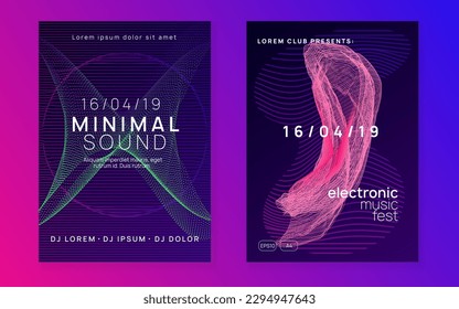 Techno event. Dynamic fluid shape and line. Trendy discotheque invitation set. Neon techno event flyer. Electro dance music. Electronic sound. Trance fest poster. Club dj party.
