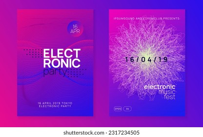 Techno event. Dynamic fluid shape and line. Futuristic concert magazine set. Neon techno event flyer. Electro dance music. Electronic sound. Trance fest poster. Club dj party.