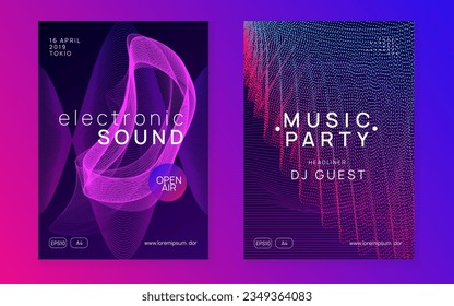 Techno event. Dynamic fluid shape and line. Futuristic show brochure set. Neon techno event flyer. Electro dance music. Electronic sound. Trance fest poster. Club dj party.