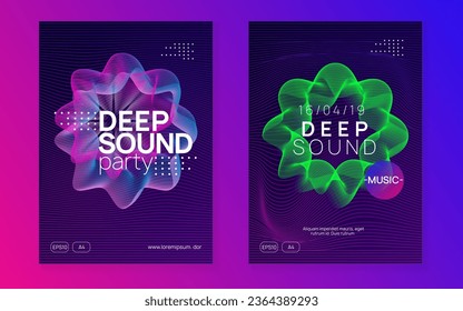 Techno event. Dynamic fluid shape and line. Trendy show invitation set. Neon techno event flyer. Electro dance music. Electronic sound. Trance fest poster. Club dj party.