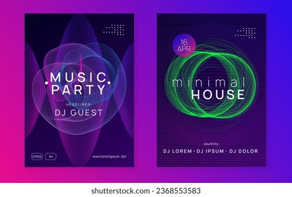 Techno event. Dynamic fluid shape and line. Cool show banner set. Neon techno event flyer. Electro dance music. Electronic sound. Trance fest poster. Club dj party.