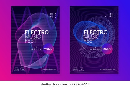 Techno event. Dynamic fluid shape and line. Curvy show cover set. Neon techno event flyer. Electro dance music. Electronic sound. Trance fest poster. Club dj party.