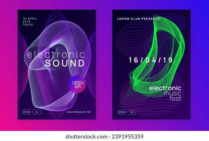 Techno event. Dynamic fluid shape and line. Commercial show cover set. Neon techno event flyer. Electro dance music. Electronic sound. Trance fest poster. Club dj party.