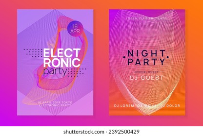 Techno event. Dynamic fluid shape and line. Cool concert magazine set. Neon techno event flyer. Electro dance music. Electronic sound. Trance fest poster. Club dj party.