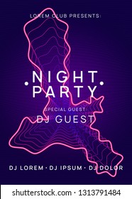 Techno event. Dynamic gradient shape and line. Trendy discotheque brochure layout. Neon techno event flyer. Electro dance music. Electronic sound. Trance fest poster. Club dj party.