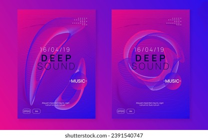 Techno event. Dynamic gradient shape and line. Curvy show magazine set. Neon techno event flyer. Electro dance music. Electronic sound. Trance fest poster. Club dj party.