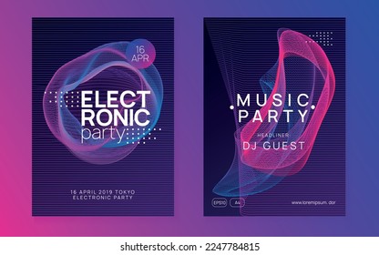 Techno event. Futuristic discotheque banner set. Dynamic gradient shape and line. Neon techno event flyer. Electro dance music. Electronic sound. Trance fest poster. Club dj party.