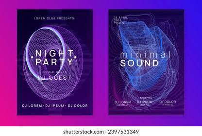 Techno event. Geometric concert banner set. Dynamic fluid shape and line. Neon techno event flyer. Electro dance music. Electronic sound. Trance fest poster. Club dj party.