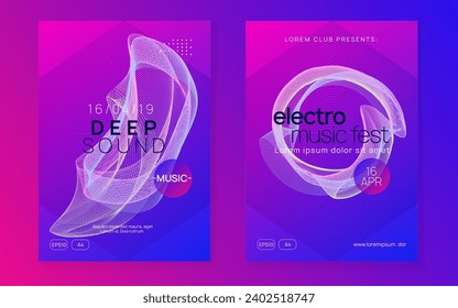 Techno event. Geometric discotheque brochure set. Dynamic gradient shape and line. Neon techno event flyer. Electro dance music. Electronic sound. Trance fest poster. Club dj party.