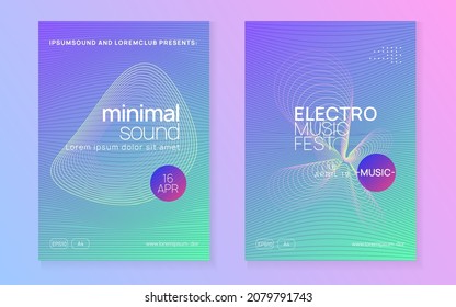 Techno event. Minimal concert magazine set. Dynamic gradient shape and line. Neon techno event flyer. Electro dance music. Electronic sound. Trance fest poster. Club dj party.