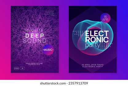 Techno event. Minimal discotheque cover set. Dynamic fluid shape and line. Neon techno event flyer. Electro dance music. Electronic sound. Trance fest poster. Club dj party.