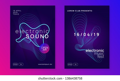 Techno event. Minimal discotheque invitation set. Dynamic fluid shape and line. Neon techno event flyer. Electro dance music. Electronic sound. Trance fest poster. Club dj party.