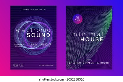 Techno event. Modern show invitation set. Dynamic fluid shape and line. Neon techno event flyer. Electro dance music. Electronic sound. Trance fest poster. Club dj party.