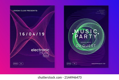 Techno event. Trendy show brochure set. Dynamic fluid shape and line. Neon techno event flyer. Electro dance music. Electronic sound. Trance fest poster. Club dj party.