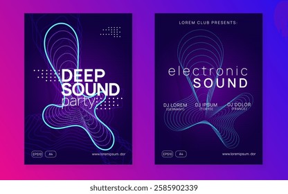 Techno Event. Violet Edm Flyer. Electro Cover. Blue Dj Banner. Sound Design. Nightclub Audio Illustration. Party Concert Element. Green Techno Event