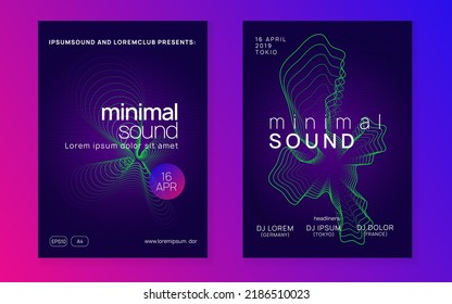 Techno event. Wavy concert cover set. Dynamic gradient shape and line. Neon techno event flyer. Electro dance music. Electronic sound. Trance fest poster. Club dj party.