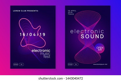 Techno event. Wavy show invitation set. Dynamic fluid shape and line. Neon techno event flyer. Electro dance music. Electronic sound. Trance fest poster. Club dj party.