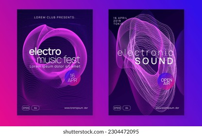 Evento Techno. Vibrante exposición de revistas. Forma y línea de degradado dinámico. Volante del evento Neon techno. Música de baile de moda. Sonido electrónico. Afiche del Festival Trance. Fiesta de dj del club.