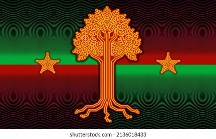 Techno flag. Neon colors are green and red, with a tree and two stars in the middle.