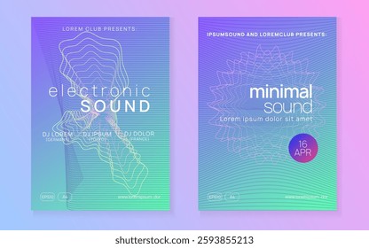 Techno Flyer. Blue Night Club Poster. Fest Set. Party Electro Graphic. Soundwave Audio Invitation. Trance Cover. Pink Sound Background. Green Techno Flyer