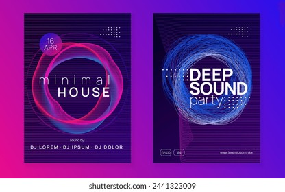 Techno Flyer. Green Discotheque Design. Party Set. Pink Dance Banner. Soundwave Disco Invitation. Fest Electro Template. Festival Cover. Blue Techno Flyer