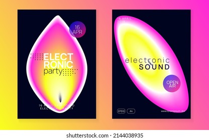 Techno Flyer. Jazz Trance Party. Fun Effect For Brochure. Dynamic Background For Cover Shape. House And Concert Design. Pink And Yellow Techno Flyer