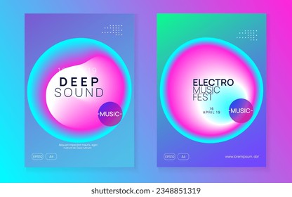 Techno Flyer. Neon And Discotheque Shape. Dynamic Pattern For Invitation Vector. Fun Art For Magazine. Wavy Electro Event. Purple And Blue Techno Flyer