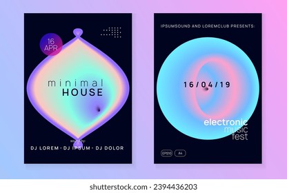 Techno Flyer. Neon And Show Design. Cool Glitch For Brochure. Wavy Music Party. Creative Background For Invitation Shape. Pink And Blue Techno Flyer