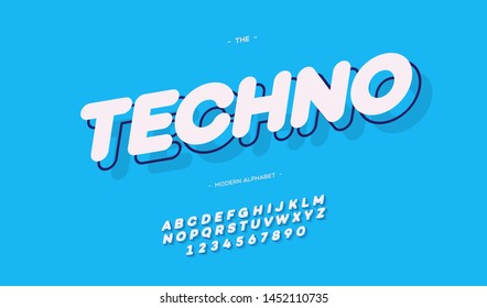 Techno font 3d bold style modern typography for decoration, logotype, poster, t shirt, book, card, sale banner, printing, industrial. Cool typeface. Trendy alphabet. Vector 10 eps