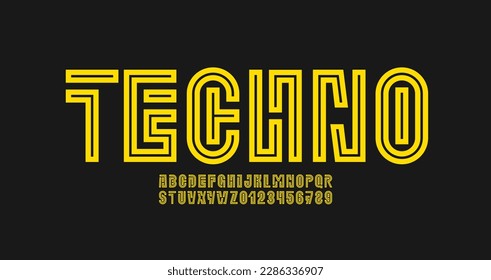 Techno-Schriftzeichen, minimale technologische Buchstaben und Zahlen, Vektorgrafik 10EPS
