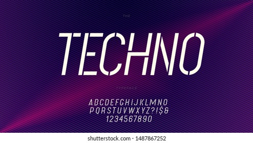 Techno Schriftart trendy Typografie. Moderne Schriftenposter, Dekoration, Animation, T-Shirt, Rennen, Spiel, Promotion, Banner, Stoffdruck. Cool font. Vektorillustration 10 eps