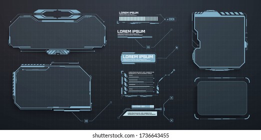 Techno frame, interface. Virtual grid display ui hologram user interface. Callouts titles and HUD elements. Futuristic callout bar labels, box modern digital info boxes layout templates. HUD, UI, GUI