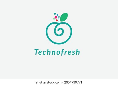 techno fresh logo design template, fruit with leaf and bubble, usable logo for agriculture industry technology farming and other