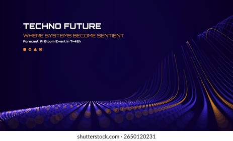 Tecno conceito futuro com brilhantes linhas de partículas azuis e laranja em um fundo escuro para inteligência artificial.