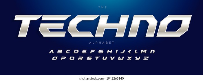 Techno Futurism alphabet, slant modern font. Steel type for modern tech logo, headline of game, car, speed auto race typography. Sport dynamic letters design, vector typographic design.