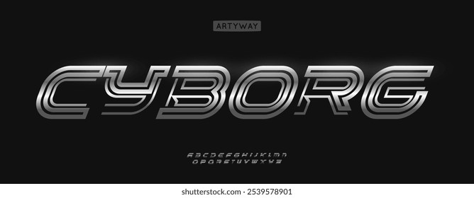 Techno futuristic font, bold italic chrome metallic letter, armored metal alphabet for gaming title, industrial tech logo, speed racing headline. Dynamic cyberpunk typographic design. Vector typeset