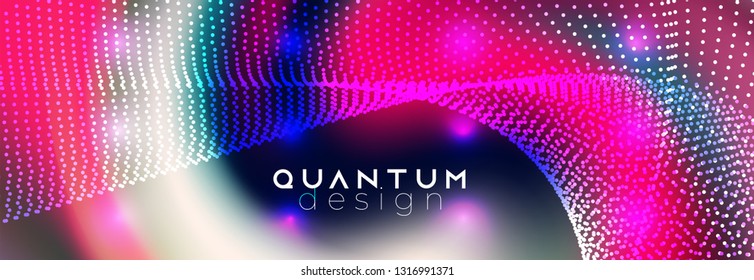 Techno  futuristic twisted dotted neon glowing waves. Big data flow concept. Abstract background vector template