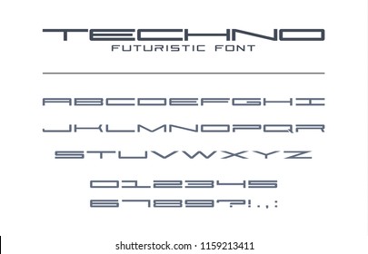 Techno futuristic wide font. Geometric, sport, future, digital technology alphabet. Letters and numbers for military, tech industry, game, business logo design. Modern minimalistic vector typeface