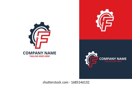 Techno Gear Initial Letter F logo Icon Template. Illustration vector graphic. Design concept gear and half circle shapes with Initial F Letter Logo Design. Perfect for corporate, technology, initial ,