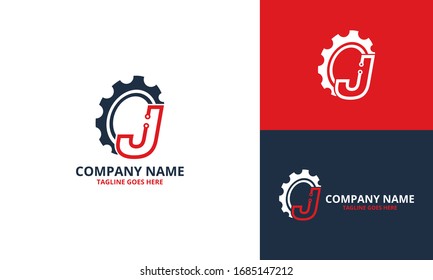 Techno Gear Initial Letter J logo Icon Template. Illustration vector graphic. Design concept gear and half circle shapes with Initial J Letter Logo Design.  