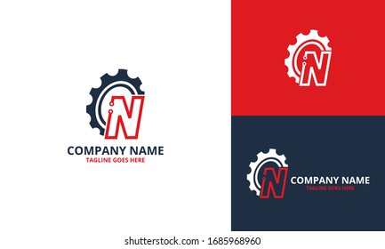 Techno Gear Initial Letter N logo Icon Template. Illustration vector graphic. Design concept gear and half circle shapes with Initial N Letter Logo Design. Perfect for corporate, technology, initial ,
