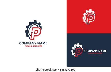 Plantilla de icono del logotipo de la letra inicial del engranaje técnico P. Gráfico vectorial de ilustración. Diseño de artes conceptuales y formas de semicírculo con diseño de logotipo de letra P inicial. Perfecto para empresas, tecnología, inicial,