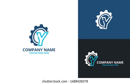 Plantilla de icono de la letra inicial Y del engranaje técnico. Gráfico vectorial de ilustración. Diseño de artes conceptuales y formas de semicírculo con diseño de logotipo de letra Y inicial. 