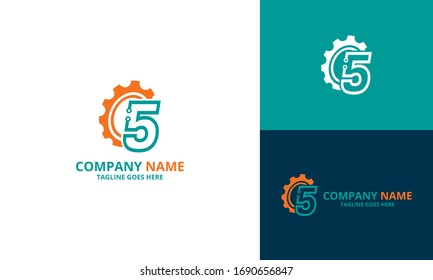 Techno Gear Initial Number 5 logo Icon Template. Illustration vector graphic. Design concept gear and half circle shapes with Initial 5 Number Logo Design. Perfect for corporate, technology, initial 