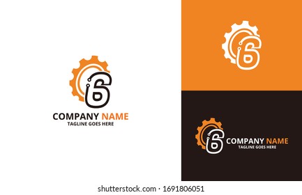 Techno Gear Initial Number 6 Logo Icon Template. Illustration Vector Graphic. Design Concept Gear And Half Circle Shapes With Initial 6 Number Logo Design. Perfect For Corporate, Technology, Initial 