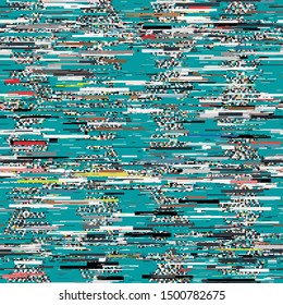 Techno glitch seamless repeat vector pattern swatch.  Contemporary error signal decomposition crash decay design.  Generative art.  Made with code.