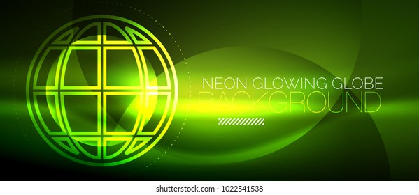 Concepto de globo tecno, neón verde resplandeciente planeta sobre fondo de color abstracto oscuro, efectos de luz