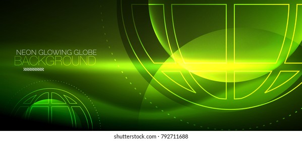 Techno globe concept, green eco neon glow planet on dark abstract color background, light effects